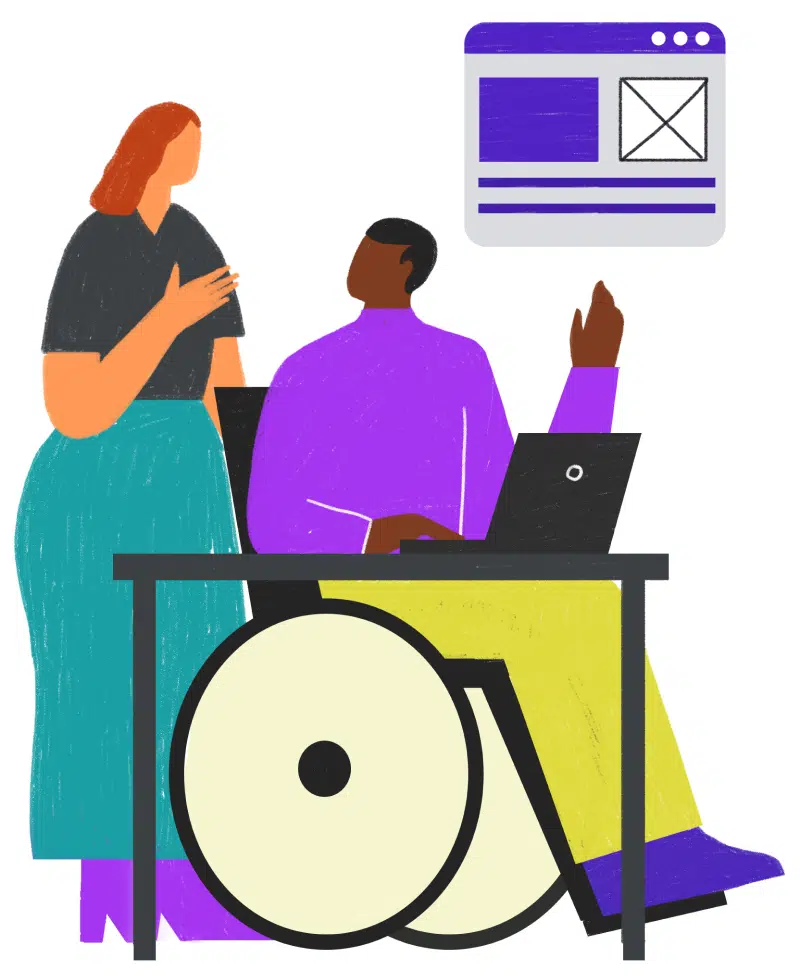 Employee in a wheelchair asking his customer success partner a question about online learning