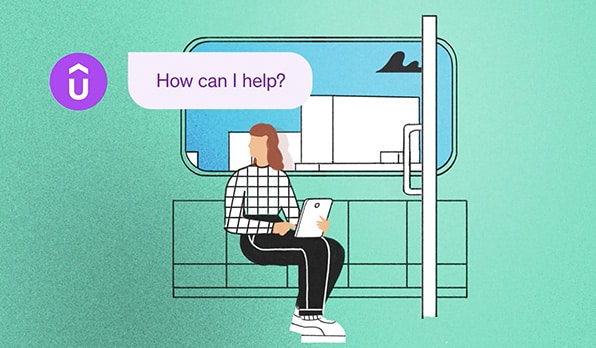 Illustration of a woman on the subway asking Udemy AI for help with online learning
