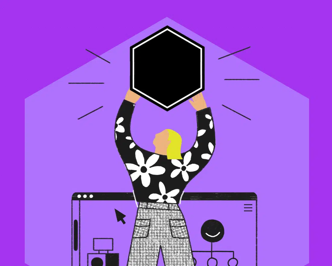 Illustration of a woman proudly holding up a badge above her head