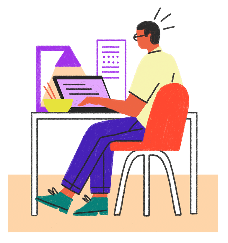 Illustrazione di un uomo seduto alla scrivania impegnato in un corso Udemy
